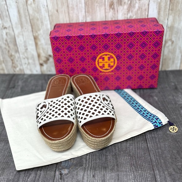 Tory Burch White Leather Thatched 65mm Platform Wedge Sandals - Picture 1 of 17